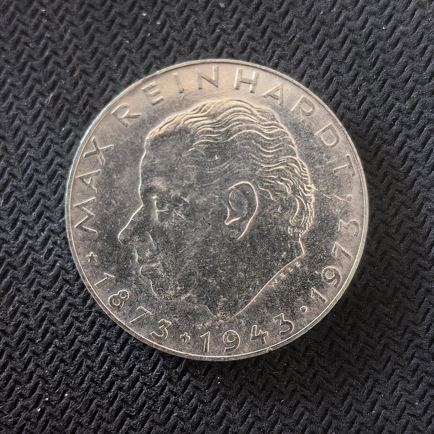 道一币馆币章第一百六十四场 奥地利1973年剧作家莱因哈特诞辰100周年25先令银币 13g  800s