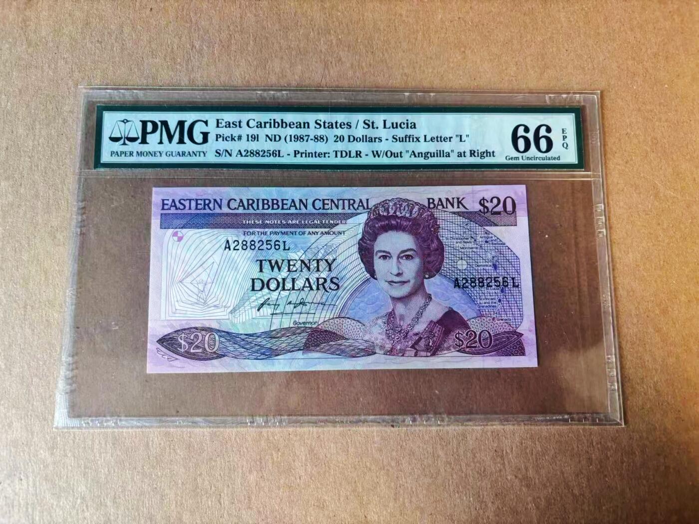 【Blue Auction】世界纸币精拍第777期——18级TOP拍卖/信誉/品质/专业/高效💫 【无47】东加勒比 1987-88年20元 女王 小彩背 PMG66EPQ 