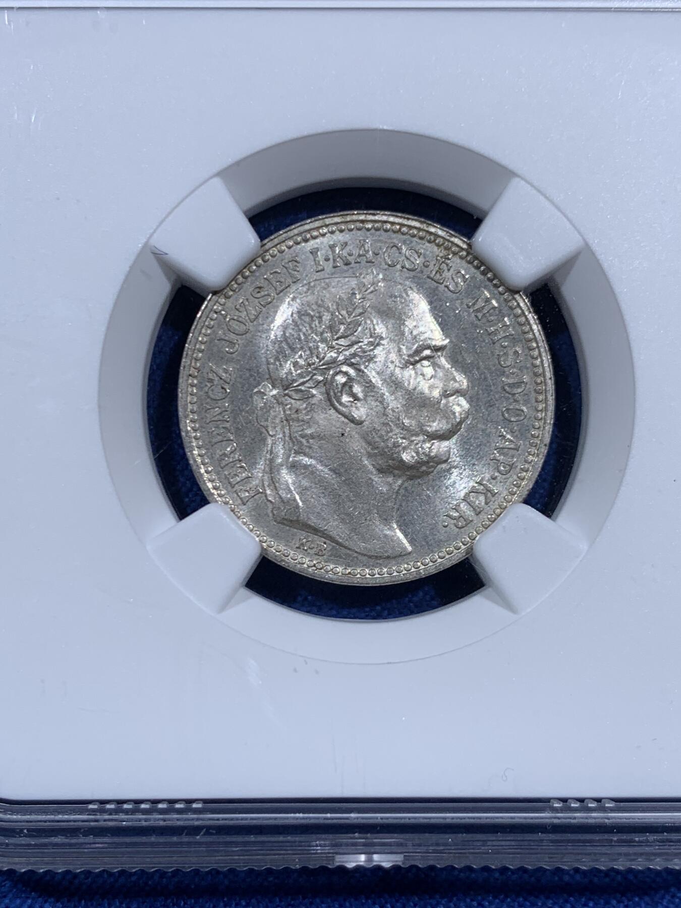 《竞宝斋》第460场 周日，周一，2场连拍 （全场包邮）欢迎送拍 NGC MS63 匈牙利 1915年 1克朗 银币 底板霜感十足 较少见