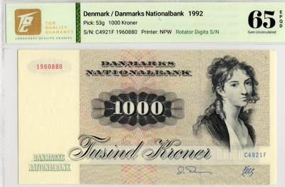 喜羊羊钱币收藏2026第14期(评级币场) - 丹麦	P-53g 1992年1000克朗	65E				C4921F 1960880			