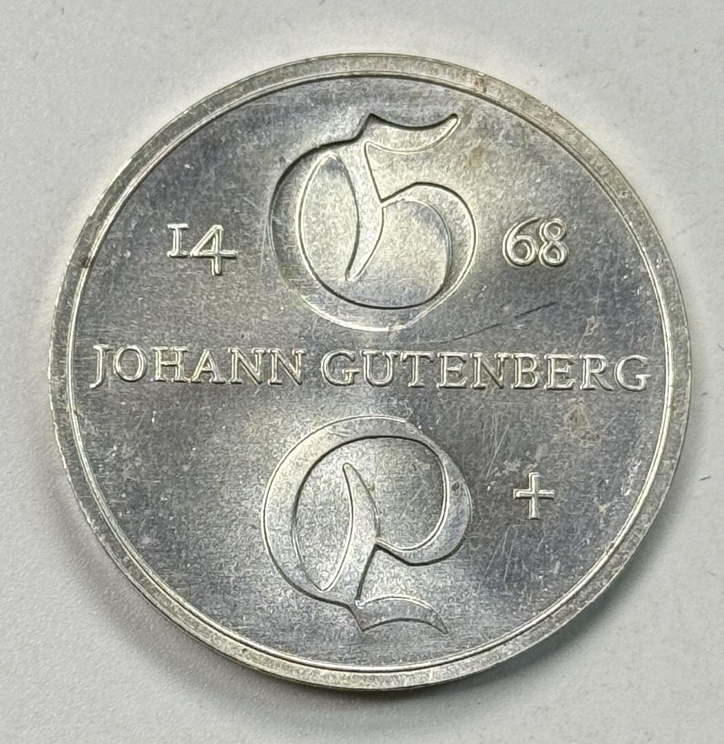 S&S Numismatic世界钱币-拍卖 第119期  东德1968年 约翰·古腾堡逝世500周年 10马克纪念银币 17克625银