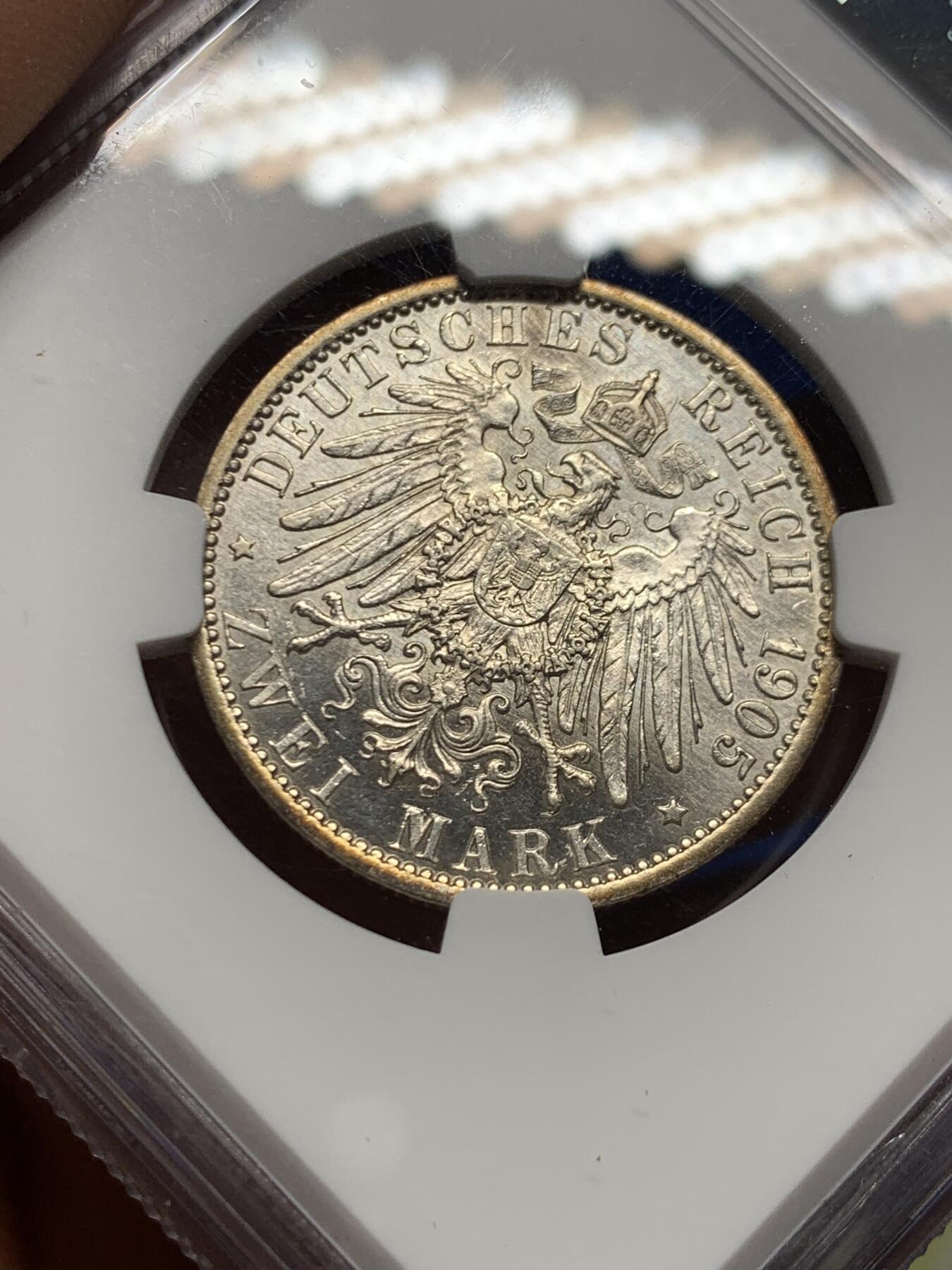 《竞宝斋》第460场 周日，周一，2场连拍 （全场包邮）欢迎送拍 NGC AU58 德国普鲁士1905年威廉二世2马克银币