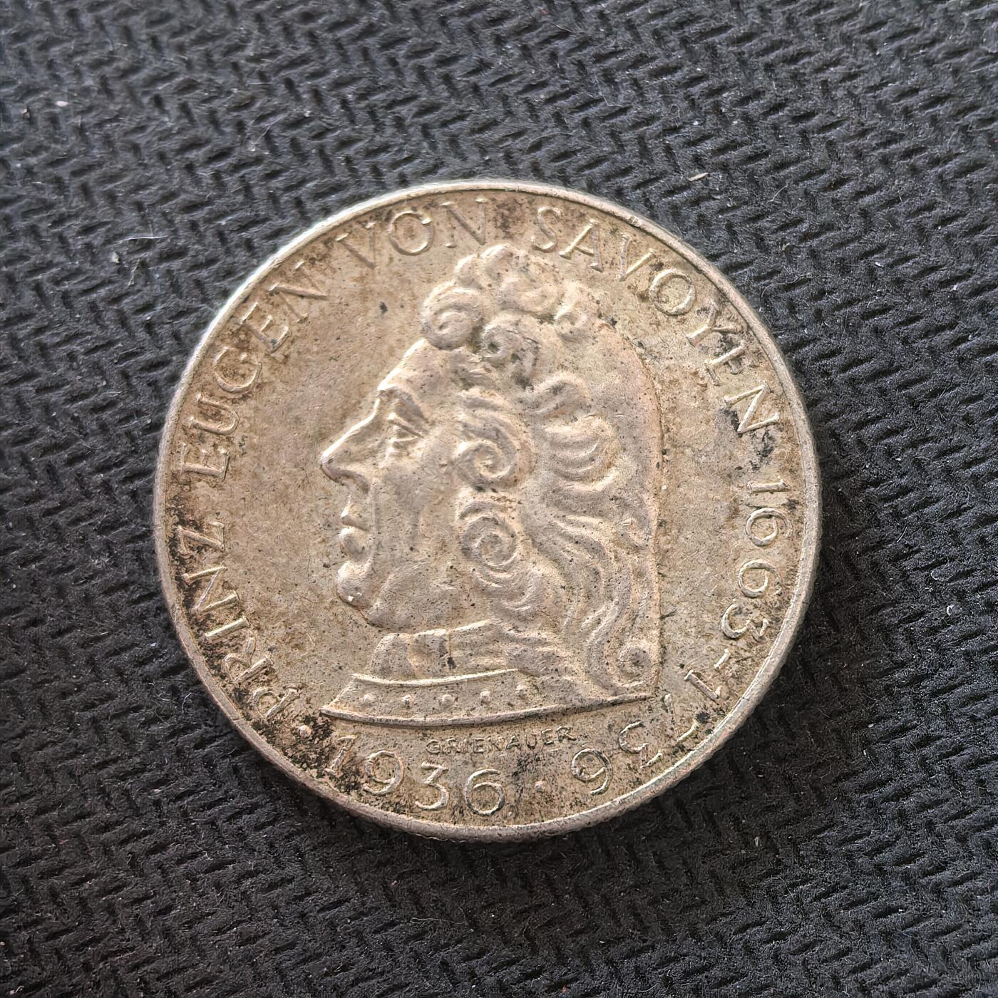 道一币馆币章第一百六十四场 奥地利1936年欧根将军逝世200周年2先令银币  12g 640s