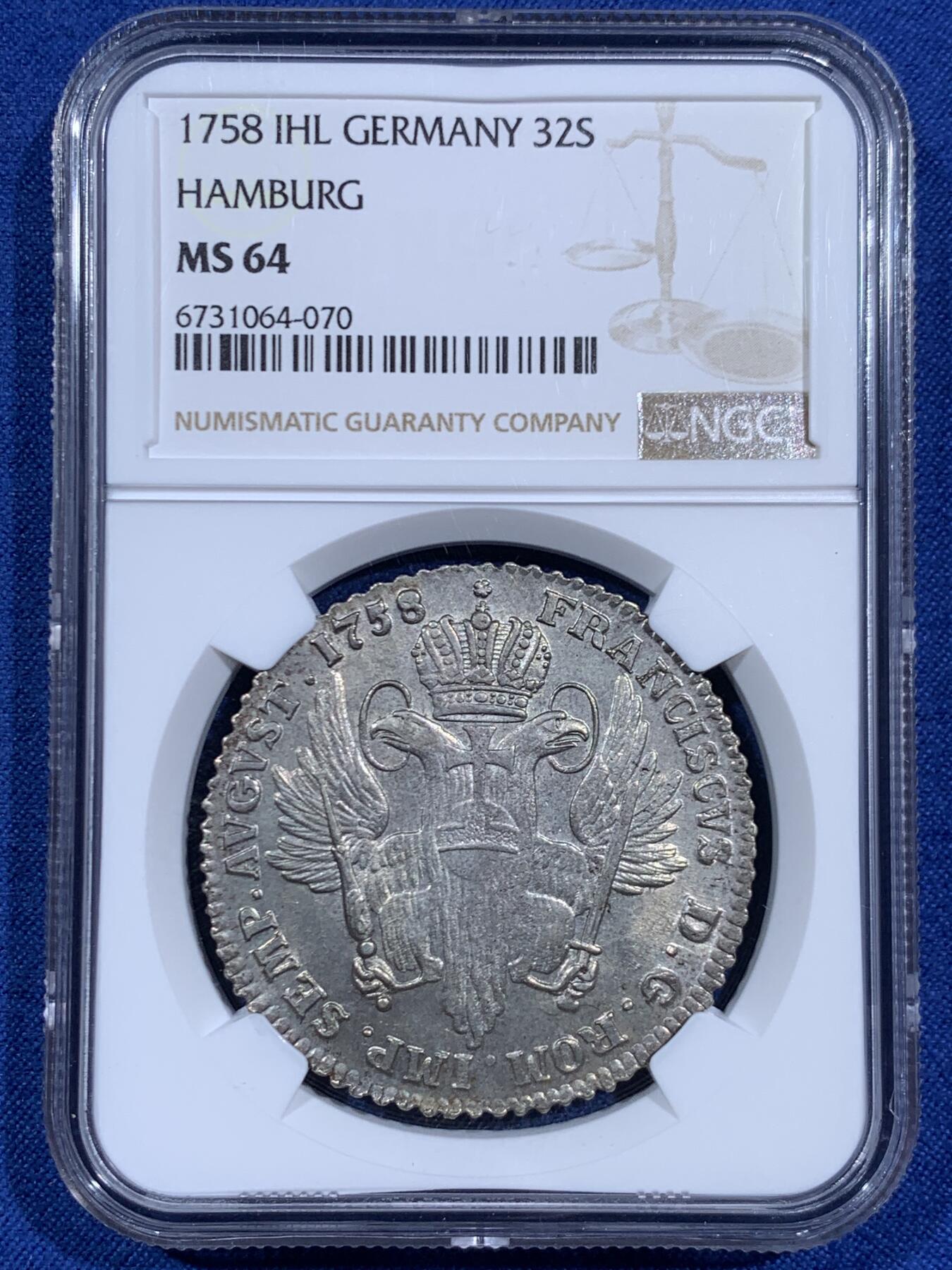《竞宝斋》第460场 周日，周一，2场连拍 （全场包邮）欢迎送拍 NGC MS64 冠军分 神圣罗马帝国汉堡自由市1758年双头鹰32先令大银币，少见神罗大银，灰彩皮蛋光。双头鹰+汉堡城市徽章，打铸优良，堪称半机制币的样板作。状态卓越，冠军品质