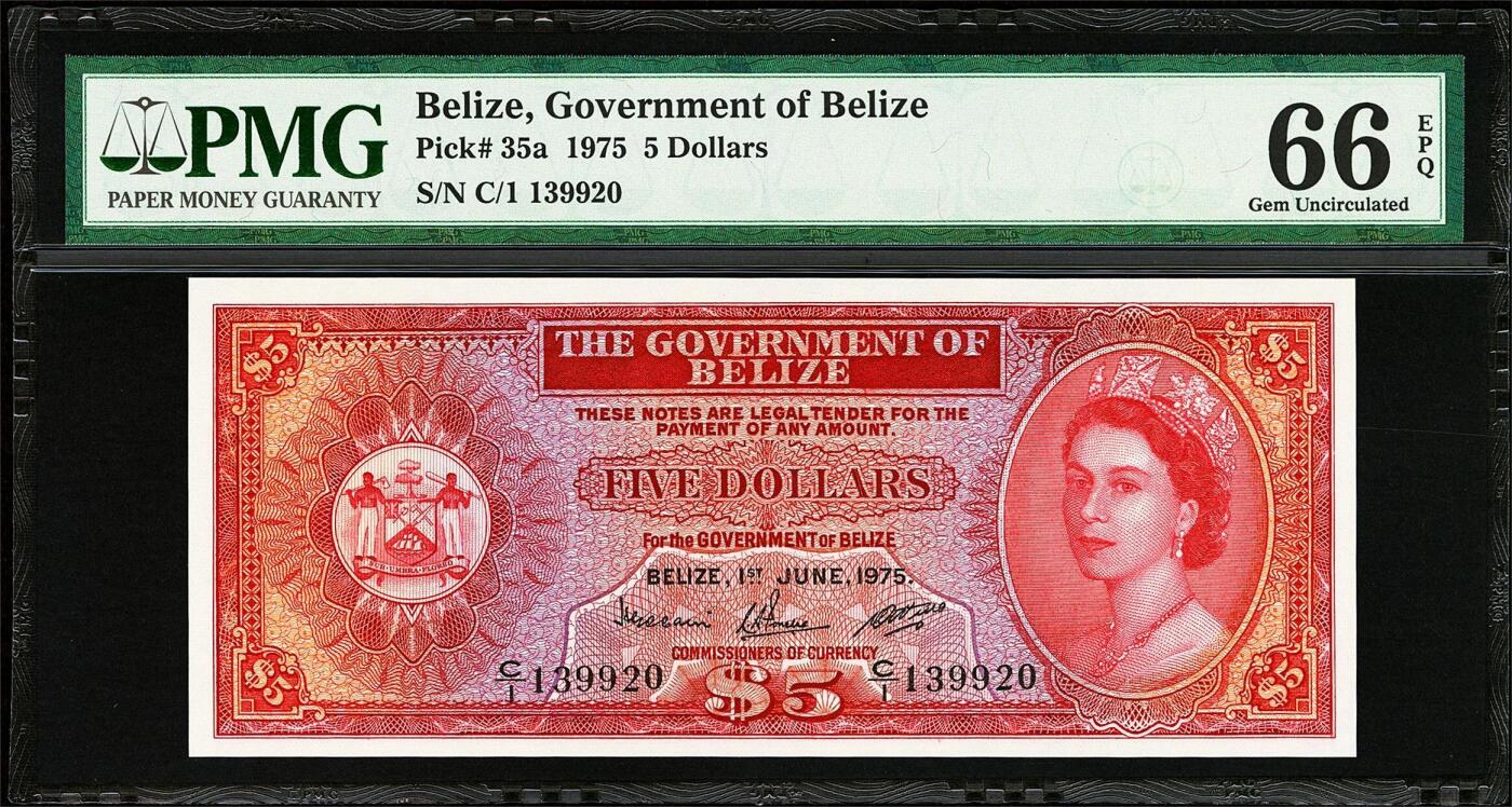 【Blue Auction】世界纸币精拍第777期——18级TOP拍卖/信誉/品质/专业/高效💫 【a版 C/1首发冠 无47】英属伯利兹 1975年5元 大冠女王 红色喜庆 BWC出品 PMG66EPQ老壳