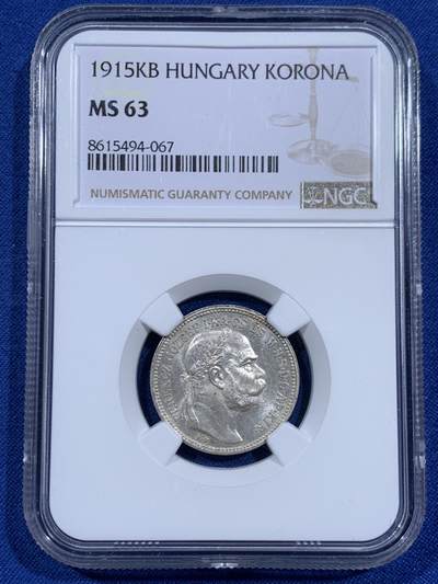 《竞宝斋》第460场 周日，周一，2场连拍 （全场包邮）欢迎送拍 - NGC MS63 匈牙利 1915年 1克朗 银币 底板霜感十足 较少见