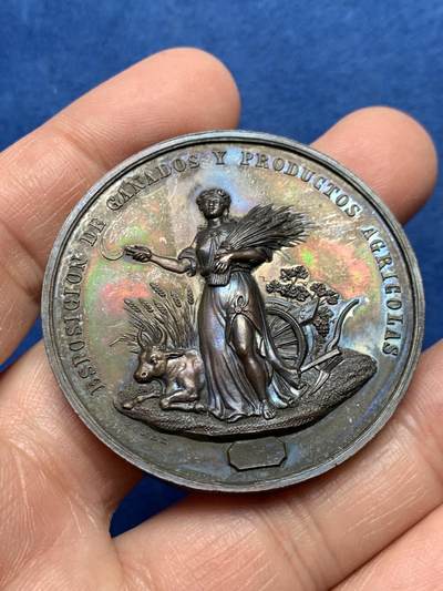 《竞宝斋》第460场 周日，周一，2场连拍 （全场包邮）欢迎送拍 - 西班牙农业纪念铜章 51.2克 46.9mm 带原盒 好品