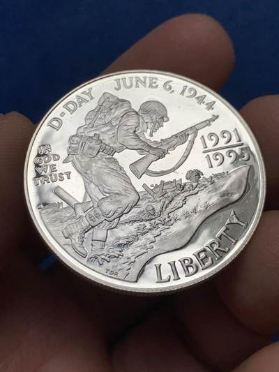 《竞宝斋》第460场 周日，周一，2场连拍 （全场包邮）欢迎送拍 - 美国1991-1995年纪念D-day诺曼底登陆战役1美元银币，精制镜面，重约26.7克，900银