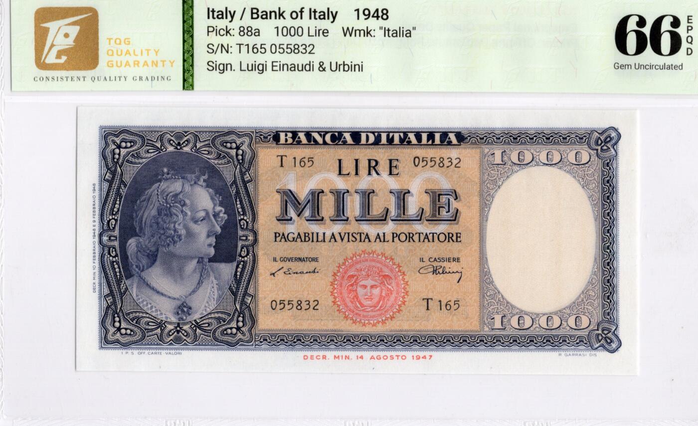 喜羊羊钱币收藏2026第14期(评级币场) 	意大利	P-88a 1948年1000里拉		66E				T.165 055832			
