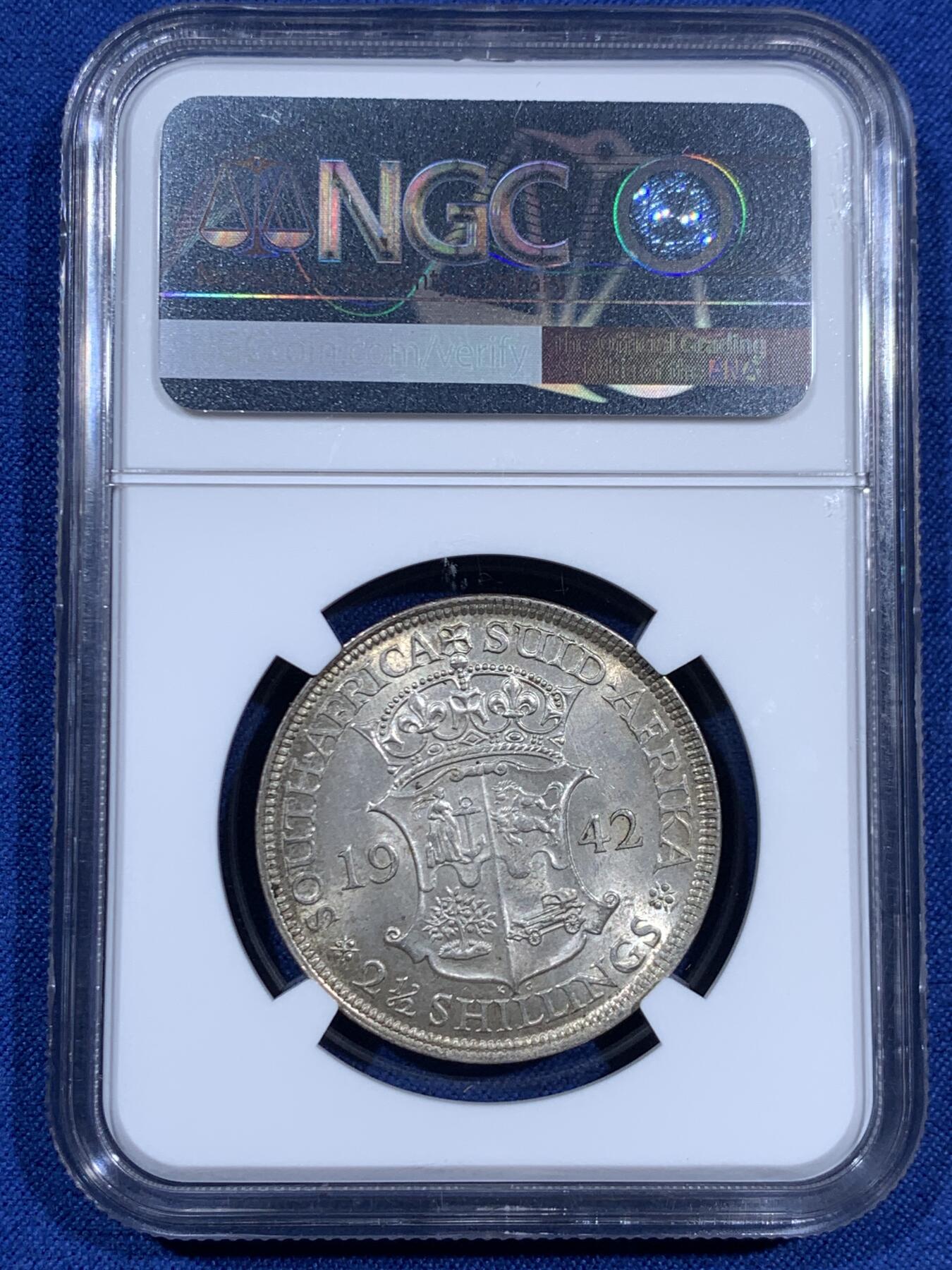 《竞宝斋》第460场 周日，周一，2场连拍 （全场包邮）欢迎送拍 NGC MS63 名誉品英属南非1942年半克朗银币，稀奇首拍MS63的分数 很难遇到的品种