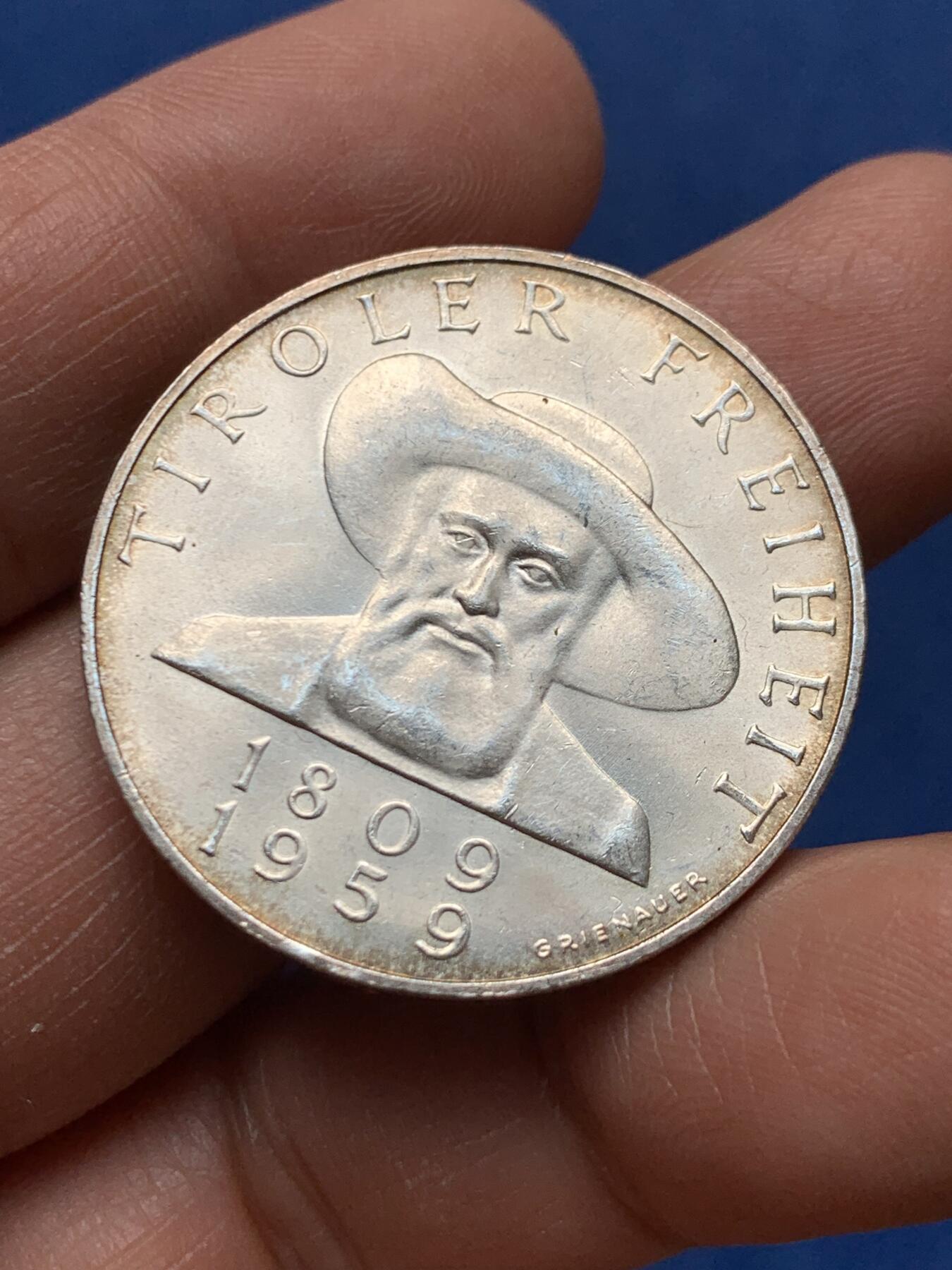 《竞宝斋》第460场 周日，周一，2场连拍 （全场包邮）欢迎送拍 奥地利 1959年 蒂罗尔解放150周年 50先令银币 900银 19.85克