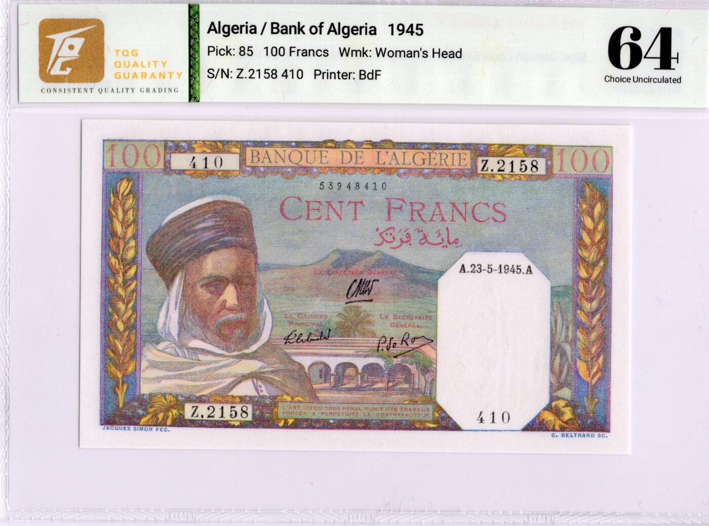 喜羊羊钱币收藏2026第14期(评级币场) 阿尔及利亚	P-85 1945年100法郎		64				Z.2158 410			