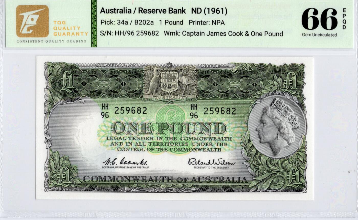 喜羊羊钱币收藏2026第14期(评级币场) 	澳大利亚	P-30 1957年1镑	66E				HH/96 259682			