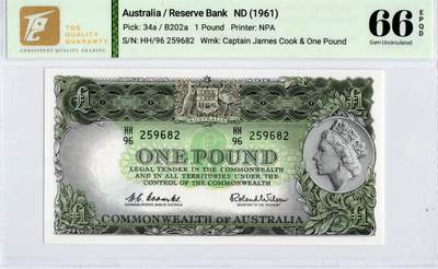 喜羊羊钱币收藏2026第14期(评级币场) - 	澳大利亚	P-30 1957年1镑	66E				HH/96 259682			