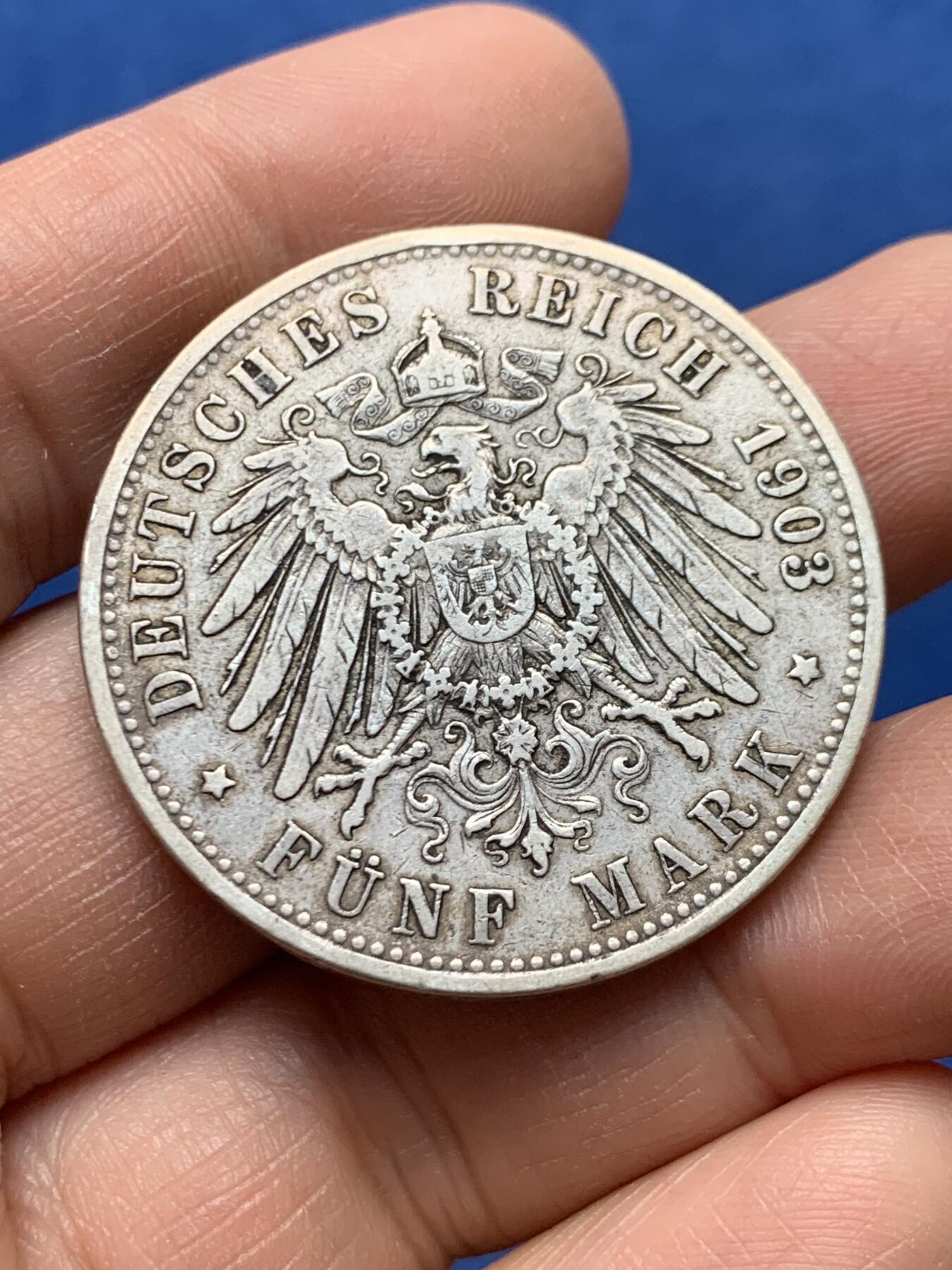 《竞宝斋》第460场 周日，周一，2场连拍 （全场包邮）欢迎送拍 德国巴伐利亚1903年D版奥托5马克银币，慕尼黑造币厂，900银，总重27.55克