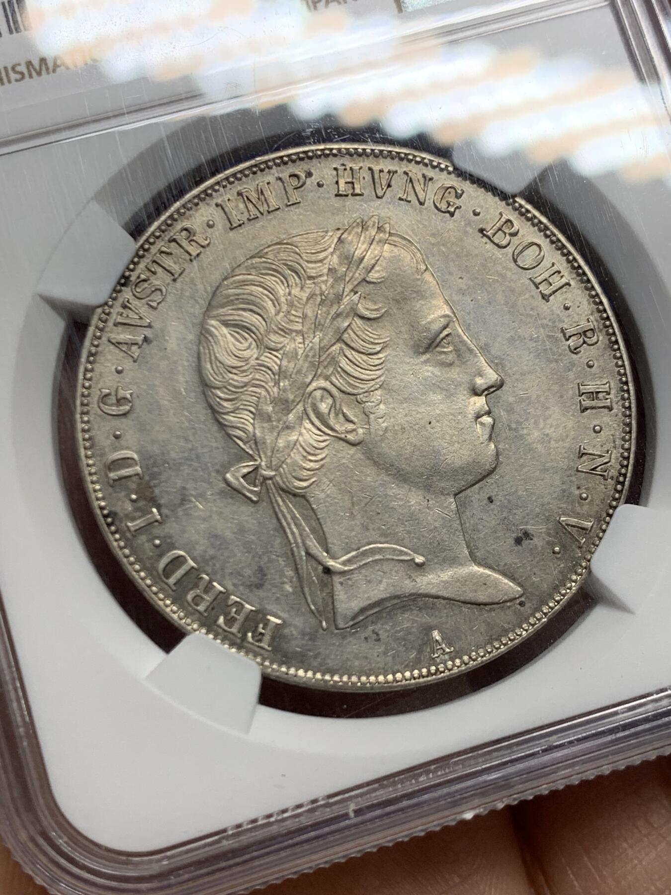 《竞宝斋》第460场 周日，周一，2场连拍 （全场包邮）欢迎送拍 NGC MS61 奥地利帝国 1845年 费迪南一世 泰勒大银币 少见的大头版 高点细节都很不错