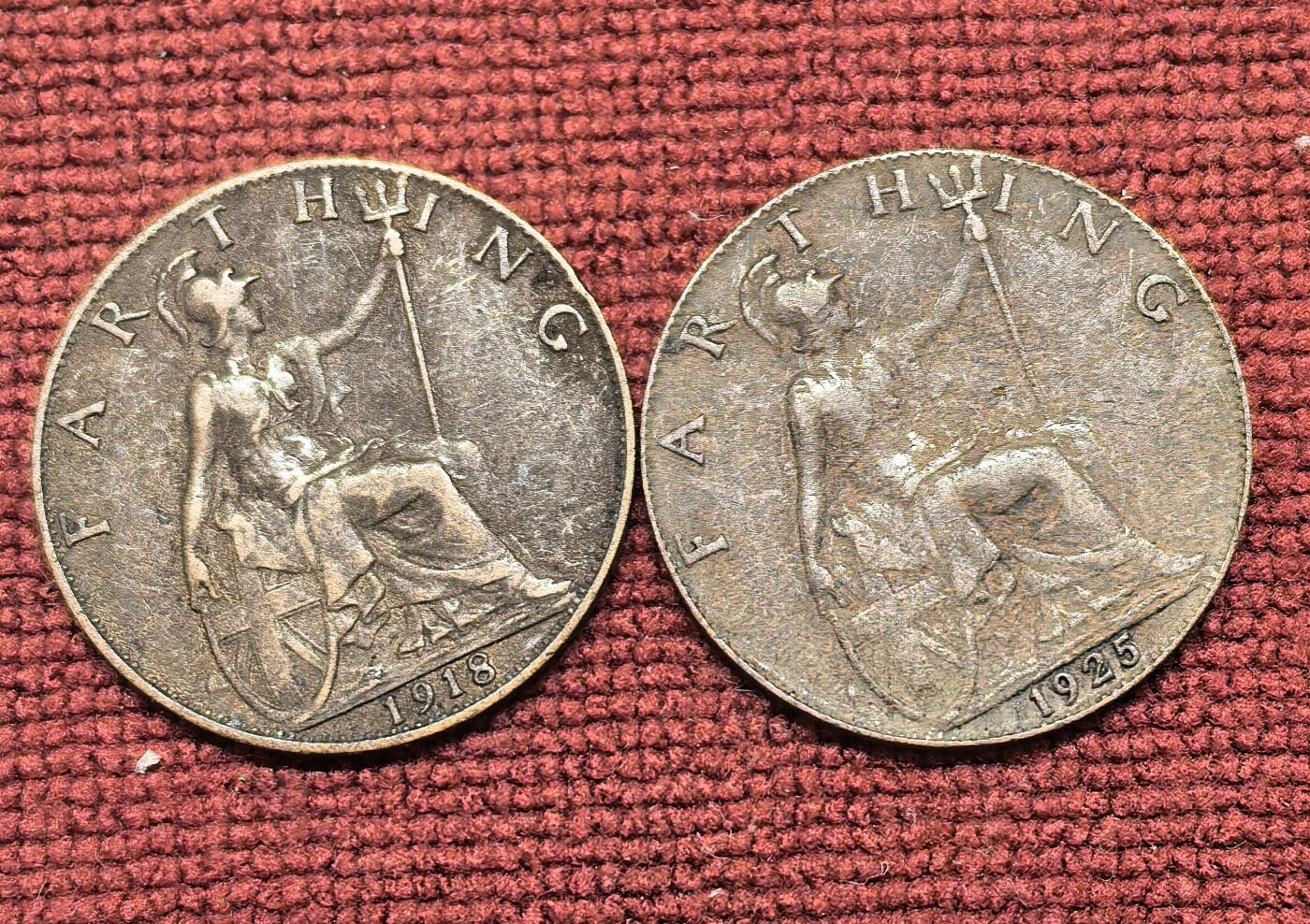 南宋泉阁俄币 外币 国币 专场第二十一期 【送拍无额外佣金】 英国 1918/1925年 乔治五世1法新一对 通货好品 老包浆