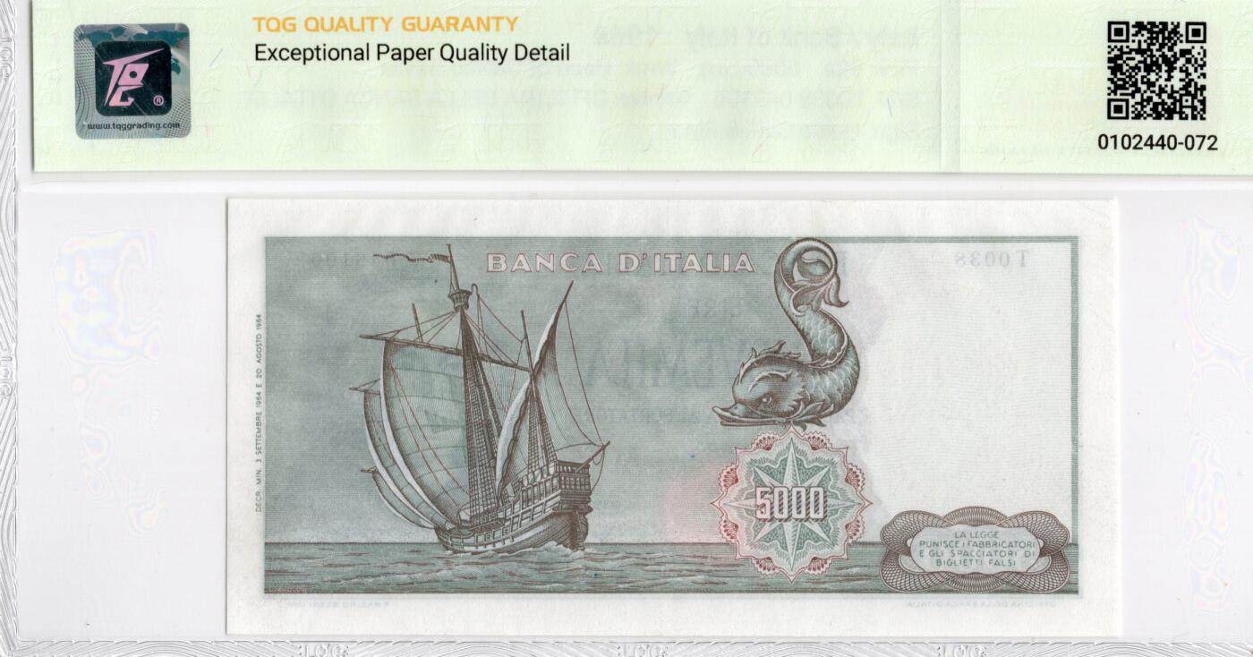 喜羊羊钱币收藏2026第14期(评级币场) 	意大利	P-98a 1964年5000里拉			65E				T0038 049106			