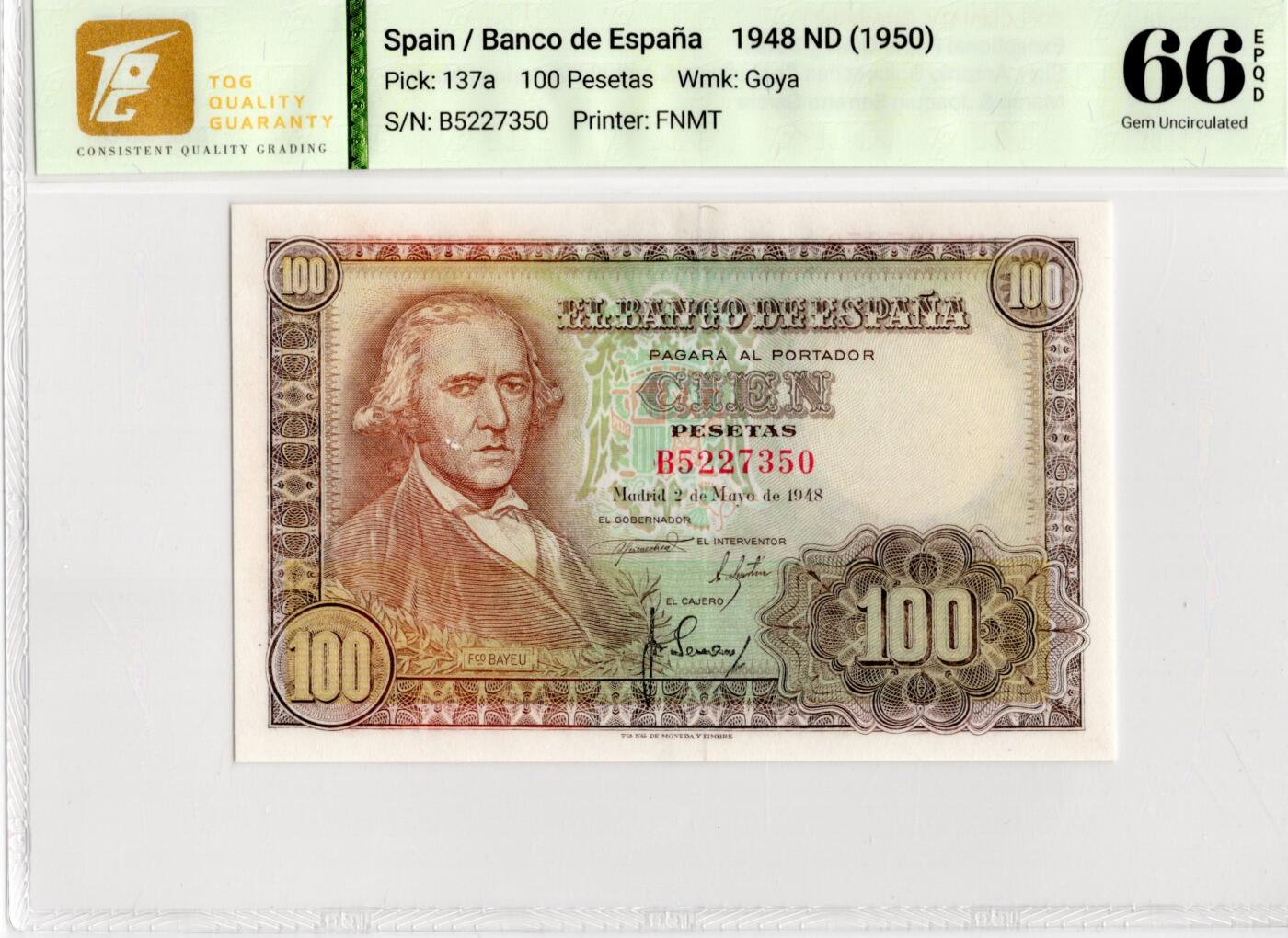 喜羊羊钱币收藏2026第14期(评级币场) 	西班牙	P-137a 1948年100比塞塔		66E				B5227350			