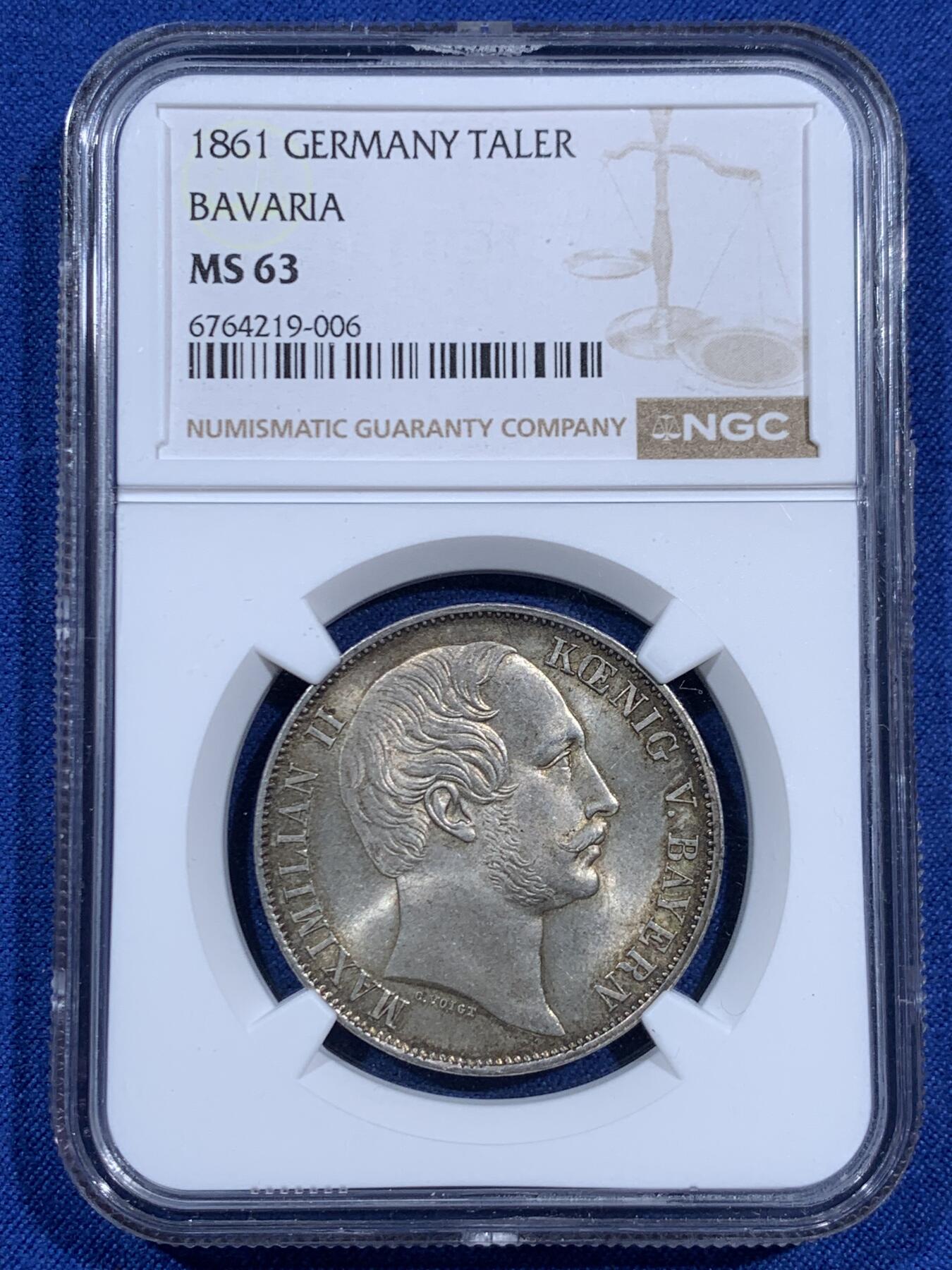 《竞宝斋》第460场 周日，周一，2场连拍 （全场包邮）欢迎送拍 NGC MS63 德国1861年巴伐利亚 马克西米安二世 1泰勒银币，亚军分，更高分仅一枚。转光明显。