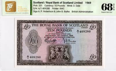 喜羊羊钱币收藏2026第14期(评级币场) - 苏格兰/皇家银行	P-331 1969年10镑		68E				首发冠 A/1 409280			