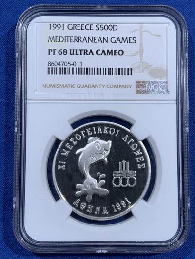 《竞宝斋》第460场 周日，周一，2场连拍 （全场包邮）欢迎送拍 - NGC PF68UC 希腊 1991年 第十一届地中海运动会 500德拉克马银币 带盒证