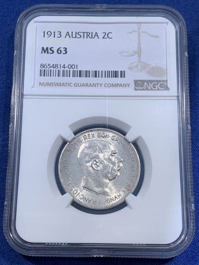 《竞宝斋》第460场 周日，周一，2场连拍 （全场包邮）欢迎送拍 - NGC MS63 奥地利 1913年 2克朗 银币 转光强烈