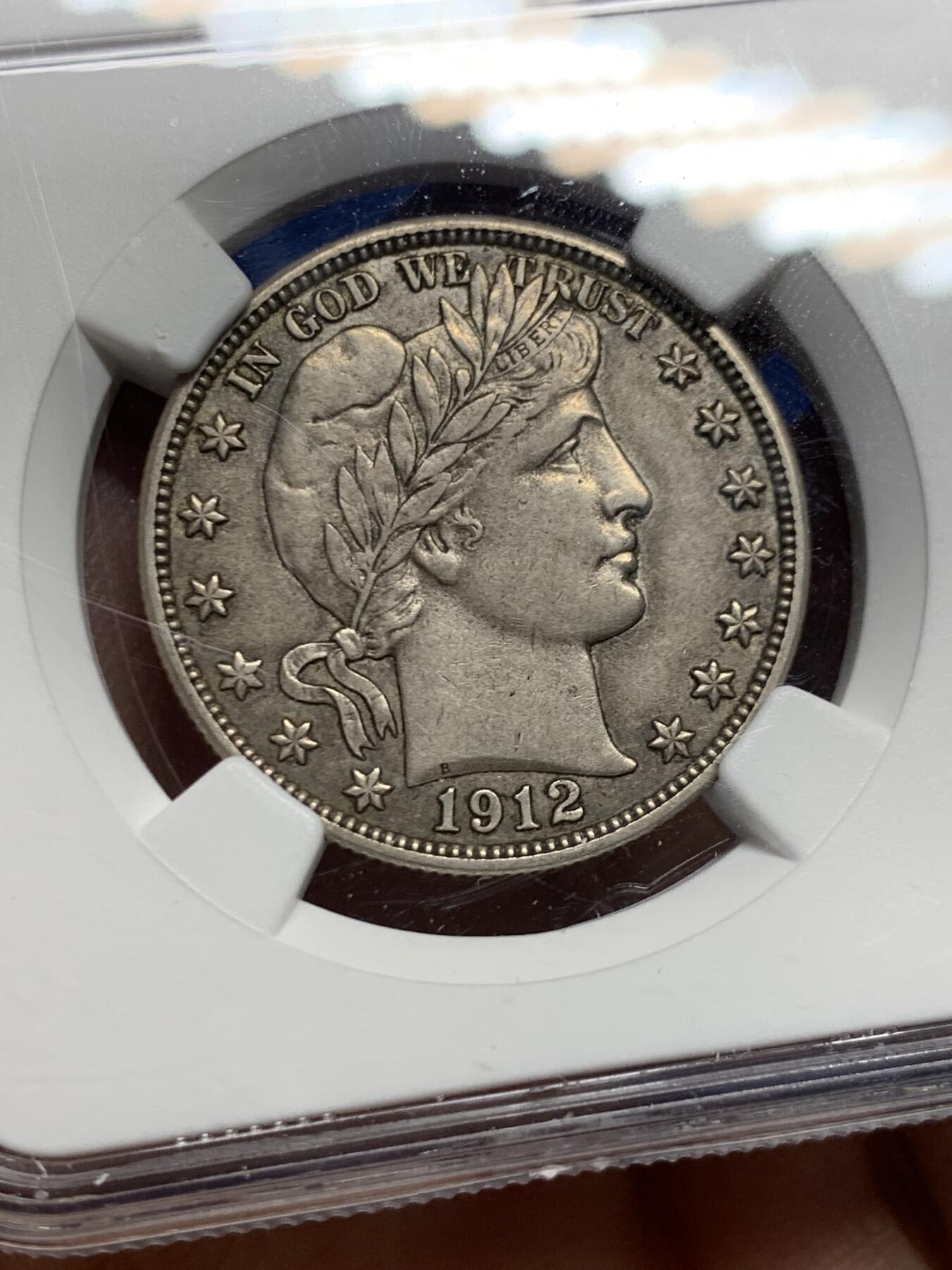 《竞宝斋》第460场 周日，周一，2场连拍 （全场包邮）欢迎送拍 NGC AU50 小特年美国1912-S巴伯五十美分银币，NGC指导价格400美元，合人民币2800元，HA的成交价基本维持在350刀+，国内难得一见的东西