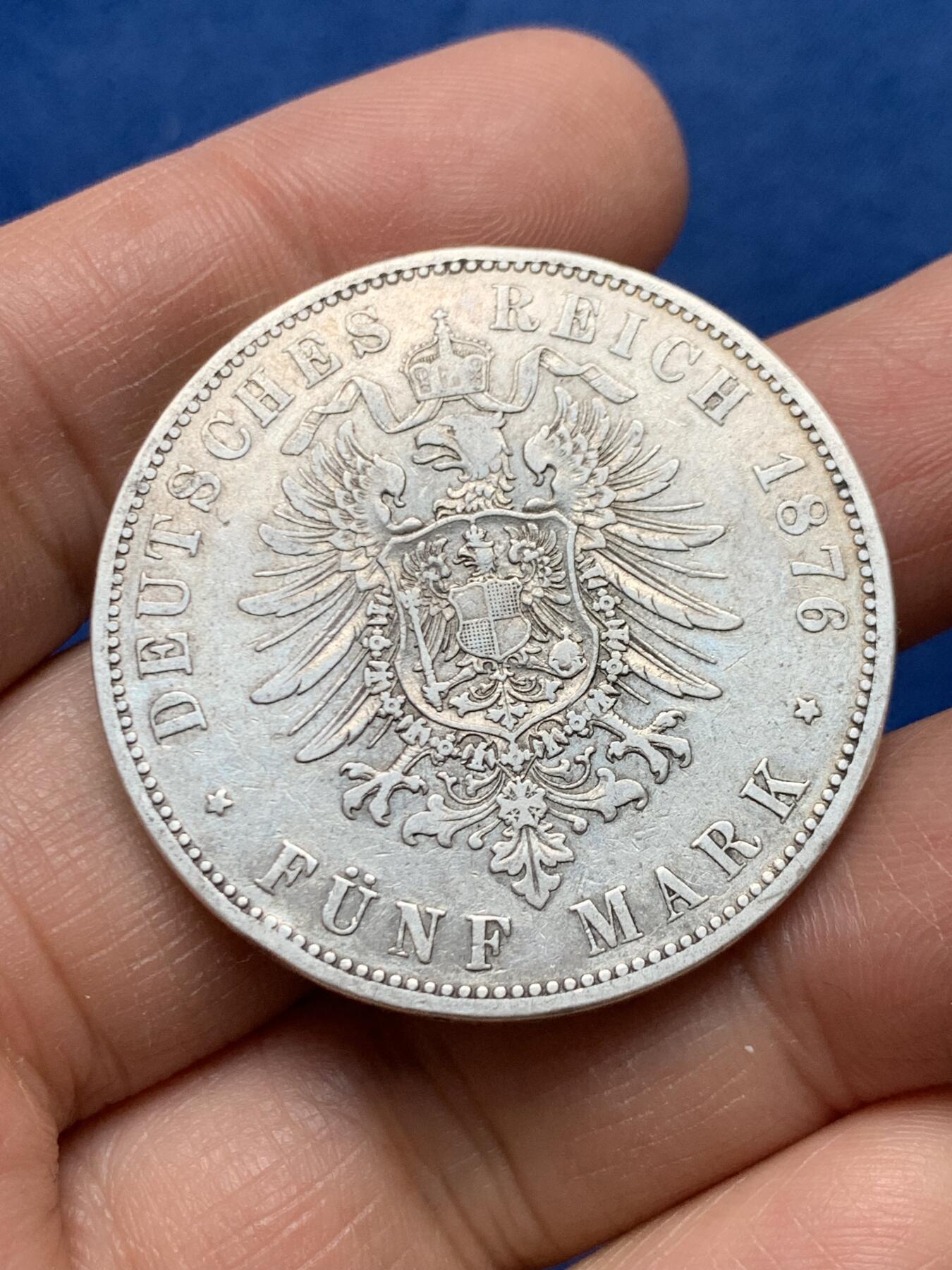 《竞宝斋》第460场 周日，周一，2场连拍 （全场包邮）欢迎送拍 德国普鲁士1876年威廉一世短翅5马克银币