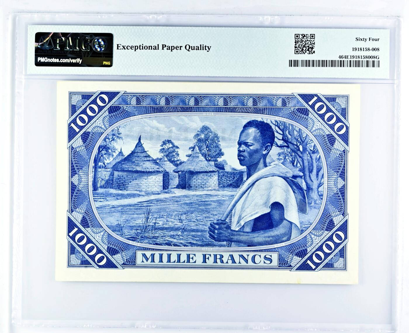 【Blue Auction】世界纸币精拍第777期——18级TOP拍卖/信誉/品质/专业/高效💫 【p4实钞 独立后第一套纸币次高值】马里 1960年1000法郎 号码字体表明这张纸币是由捷克斯洛伐克STC代印而成的 PMG64EPQ 民族风情浓郁 耕牛 