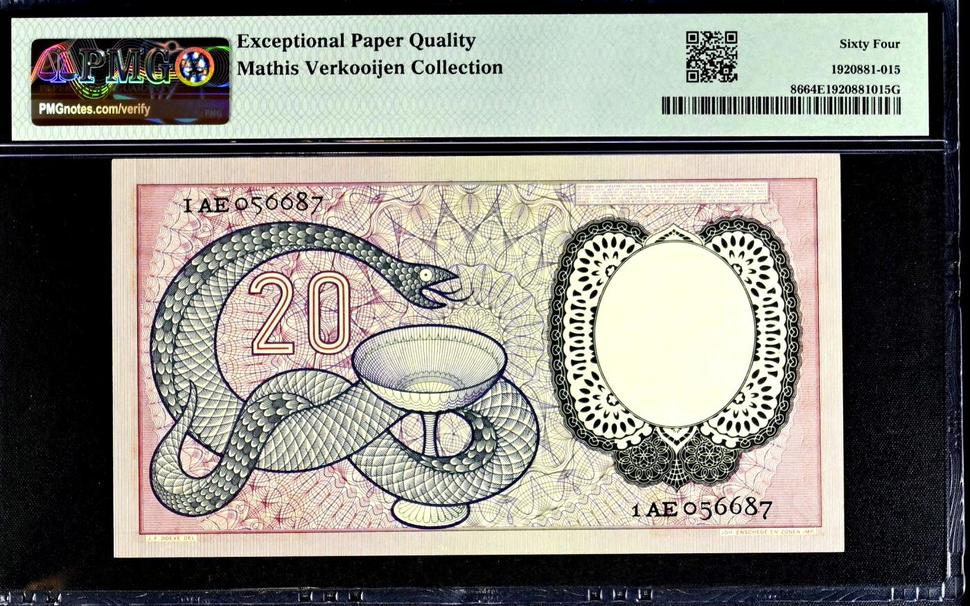 【Blue Auction】世界纸币精拍第777期——18级TOP拍卖/信誉/品质/专业/高效💫   【季军分 名家旧藏】荷兰 1955年20盾 经典毒蛇 PMG64EPQ 全新原票 状态佳 伦勃朗同套凑套必备 赫尔曼·布尔哈夫 