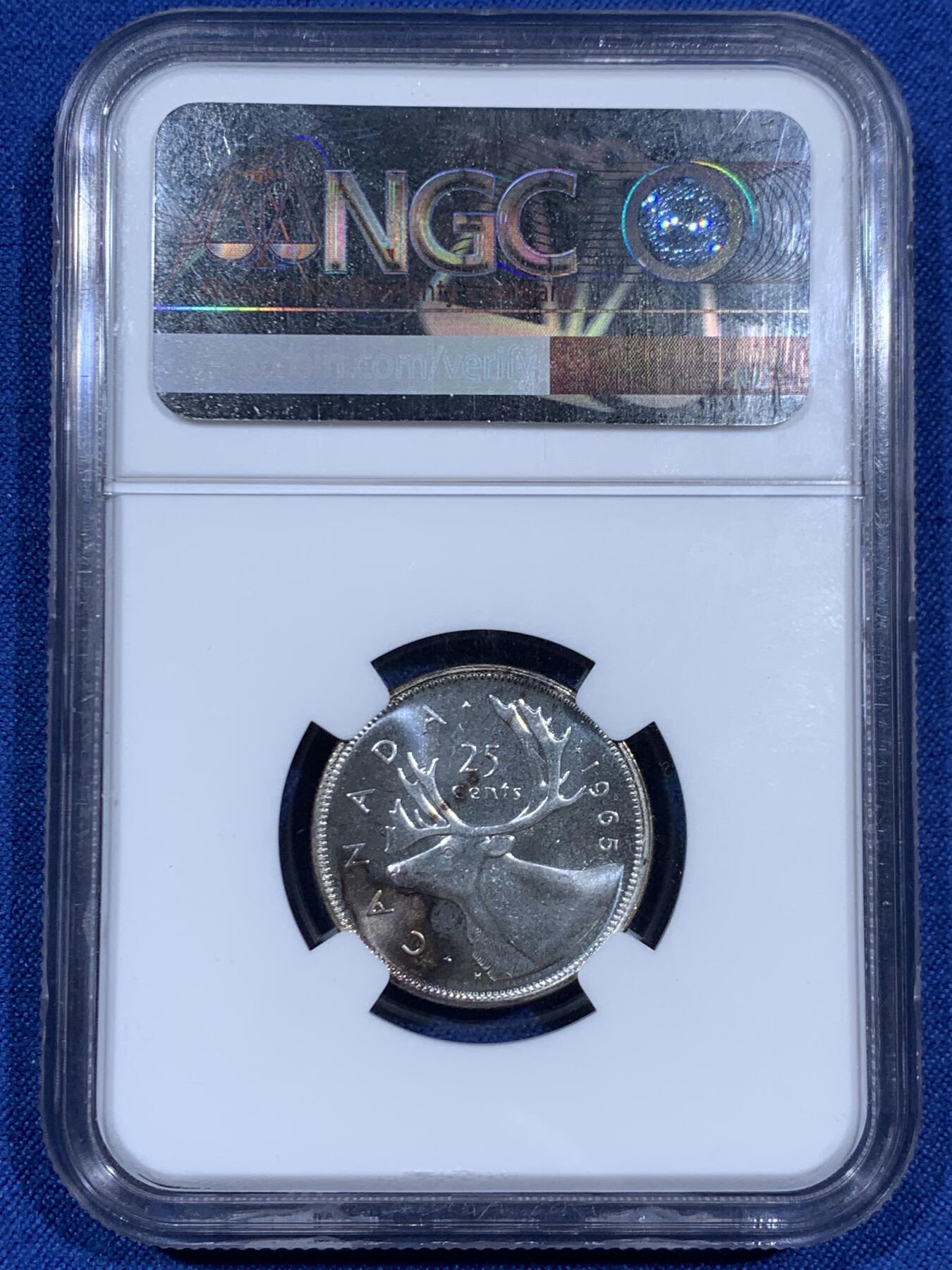 《竞宝斋》第460场 周日，周一，2场连拍 （全场包邮）欢迎送拍 NGC PL65 加拿大1965年伊丽莎白二世女王25分银币 少见PL状态