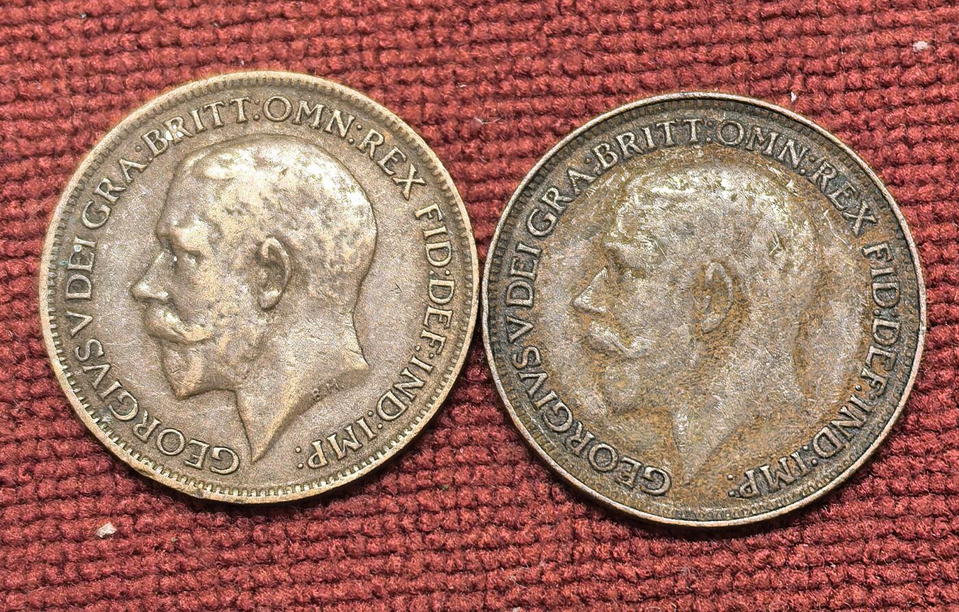 南宋泉阁俄币 外币 国币 专场第二十一期 【送拍无额外佣金】 英国 1918/1925年 乔治五世1法新一对 通货好品 老包浆