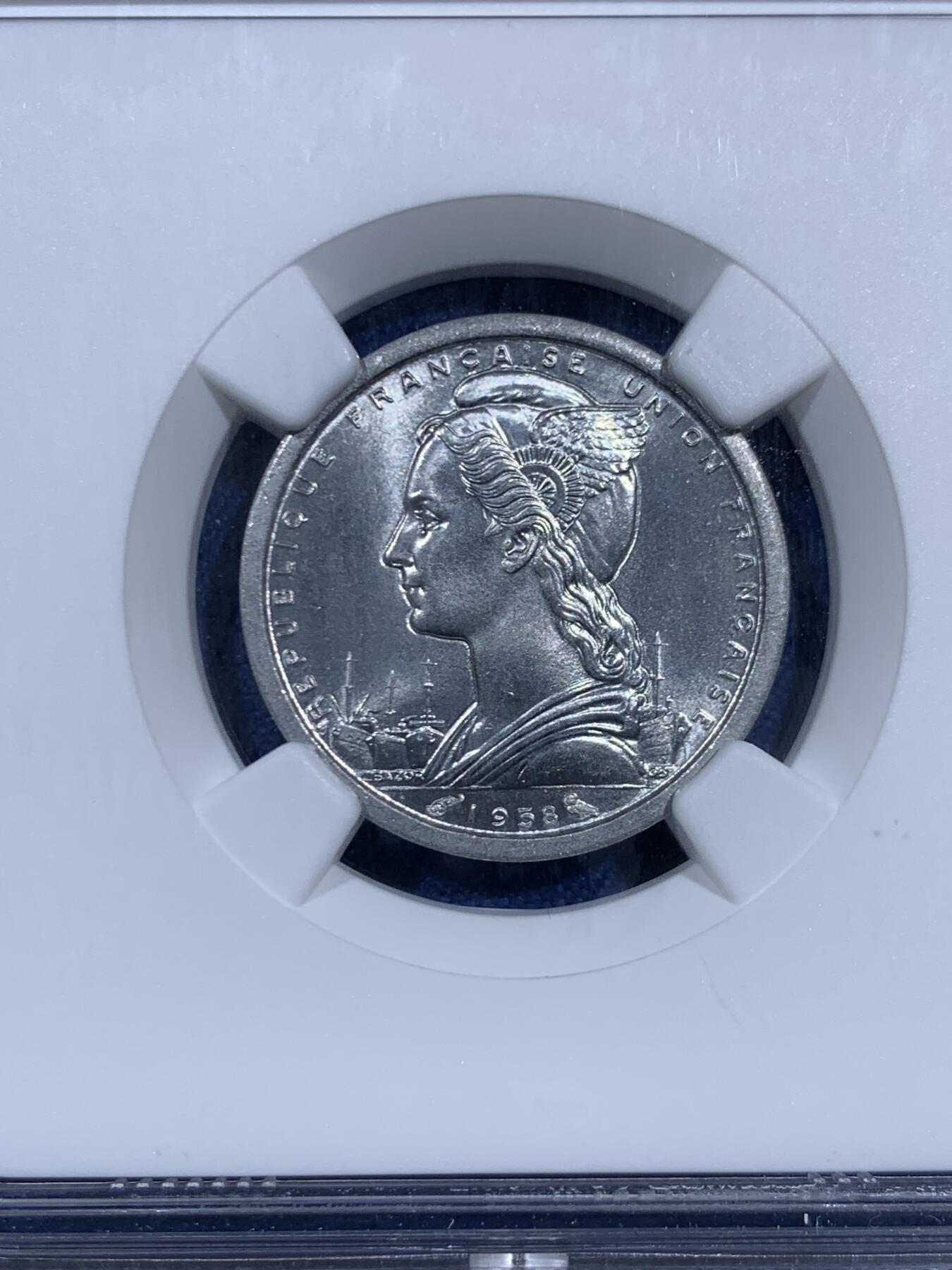 《竞宝斋》第460场 周日，周一，2场连拍 （全场包邮）欢迎送拍 NGC MS66 法属马达加斯加1958年1法郎 高分