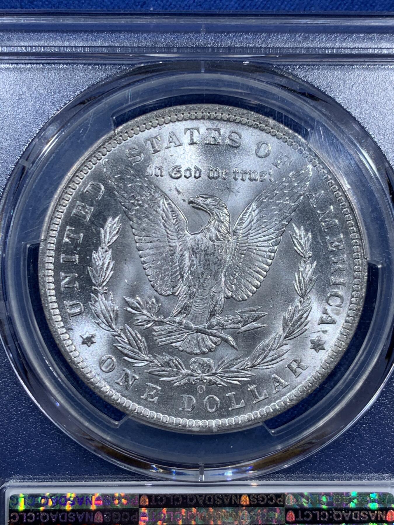 《竞宝斋》第460场 周日，周一，2场连拍 （全场包邮）欢迎送拍 PCGS MS64 美国1885-O版 摩根银币 背面支撑有磕