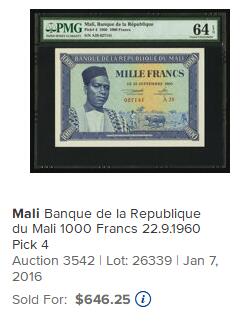【Blue Auction】世界纸币精拍第777期——18级TOP拍卖/信誉/品质/专业/高效💫 【p4实钞 独立后第一套纸币次高值】马里 1960年1000法郎 号码字体表明这张纸币是由捷克斯洛伐克STC代印而成的 PMG64EPQ 民族风情浓郁 耕牛 