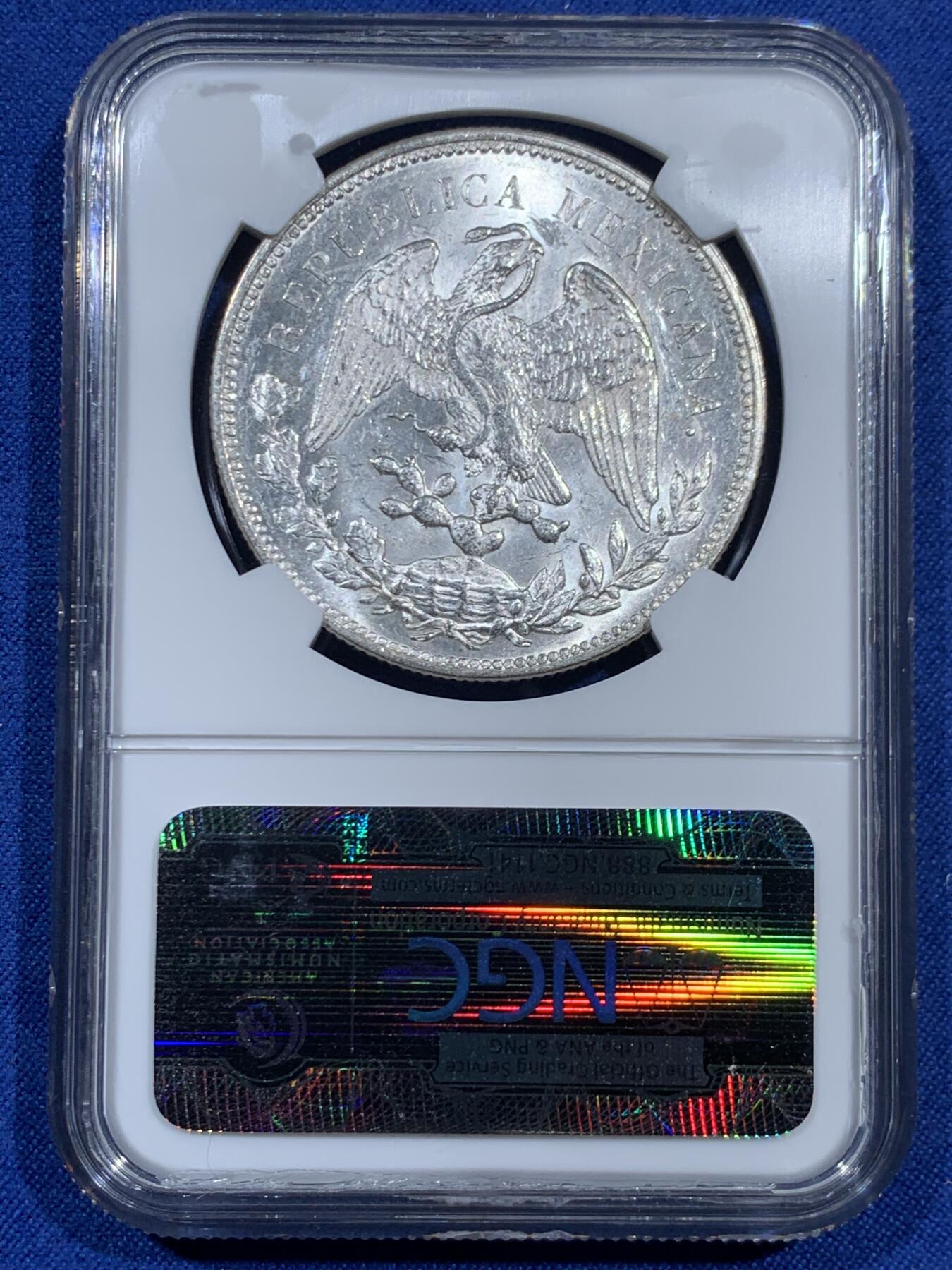 《竞宝斋》第460场 周日，周一，2场连拍 （全场包邮）欢迎送拍 NGC MS63 墨西哥1908年直边鹰洋1比索银币 暴光品相 老盒严评