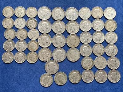 《竞宝斋》第460场 周日，周一，2场连拍 （全场包邮）欢迎送拍 - 49枚一组 瑞士早年份生丁镍币，20生丁13枚，10生丁21枚，5生丁15枚。都是1940年之前的年份，含1895年5生丁，1895弄10生丁1895/1885年20生丁镍币，凑年份的不要错过了