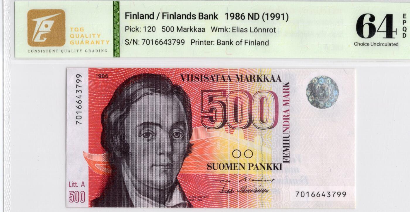 喜羊羊钱币收藏2026第14期(评级币场) 	芬兰	P-120 1986(ND1991)年500马克			64E				7016643799			