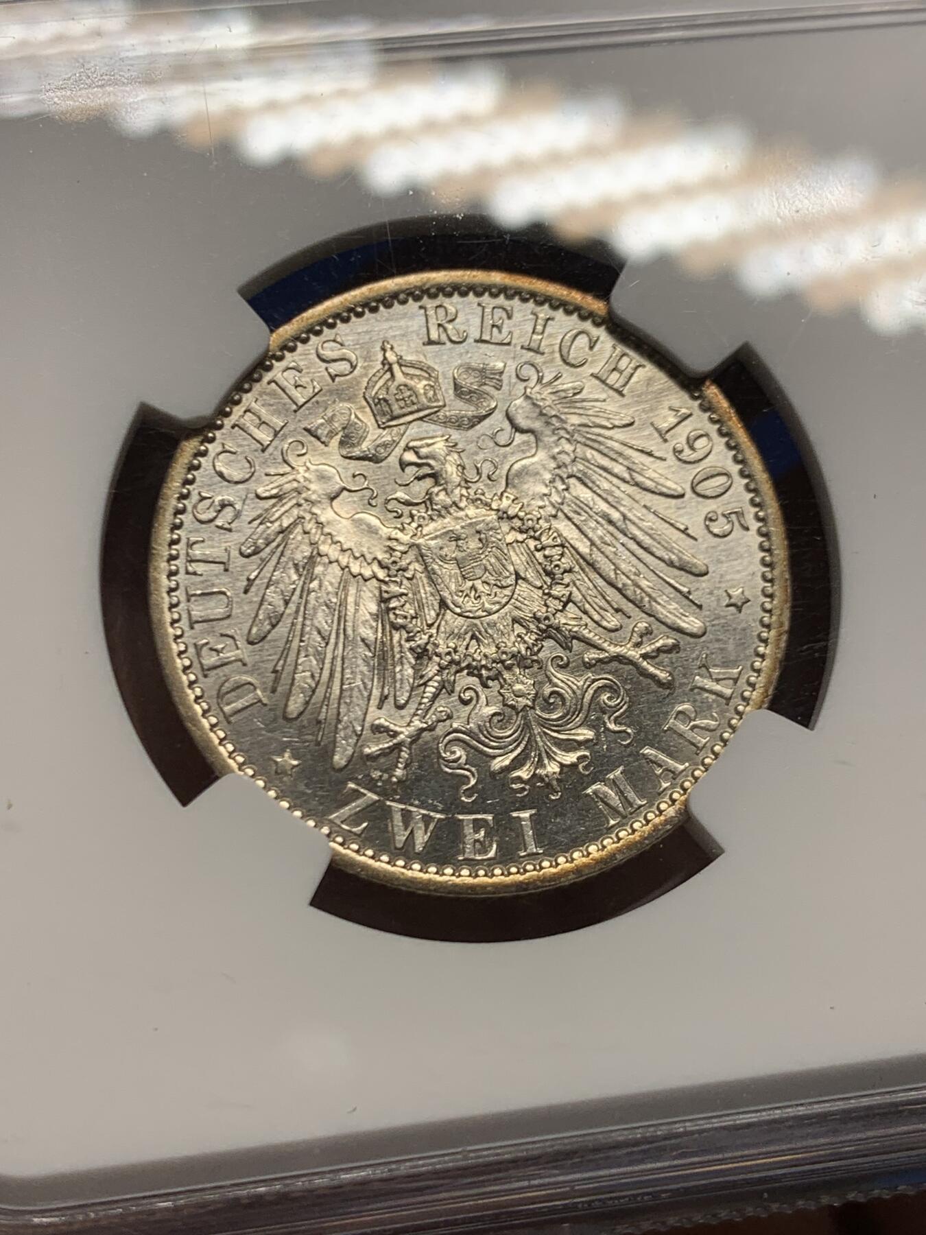 《竞宝斋》第460场 周日，周一，2场连拍 （全场包邮）欢迎送拍 NGC AU58 德国普鲁士1905年威廉二世2马克银币