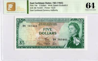 喜羊羊钱币收藏2026第14期(评级币场) - 东加勒比	P-14e 1965年5元		64				B8 765441			