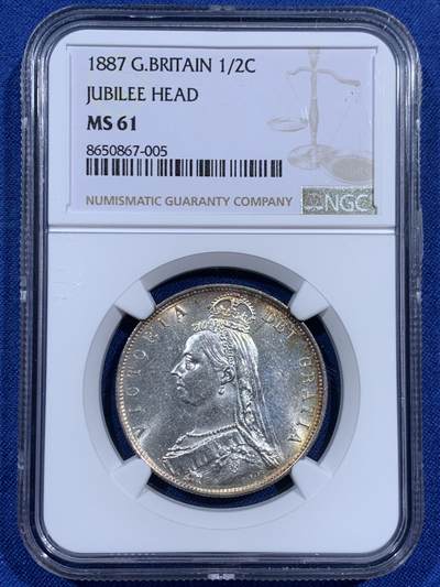 《竞宝斋》第460场 周日，周一，2场连拍 （全场包邮）欢迎送拍 - NGC MS61 英国 1887年 维多利亚女王高冠半克朗银币