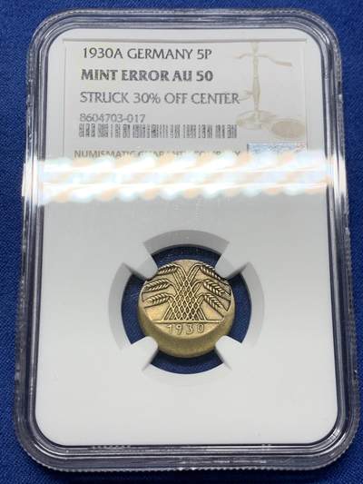 《竞宝斋》第460场 周日，周一，2场连拍 （全场包邮）欢迎送拍 - NGC AU50 德国 1930年 5芬尼 这个时期偏打达到30%的币很难遇到