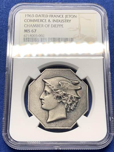 《竞宝斋》第460场 周日，周一，2场连拍 （全场包邮）欢迎送拍 - NGC MS67 超高分 法国1963小飞侠墨丘利银质八角代币