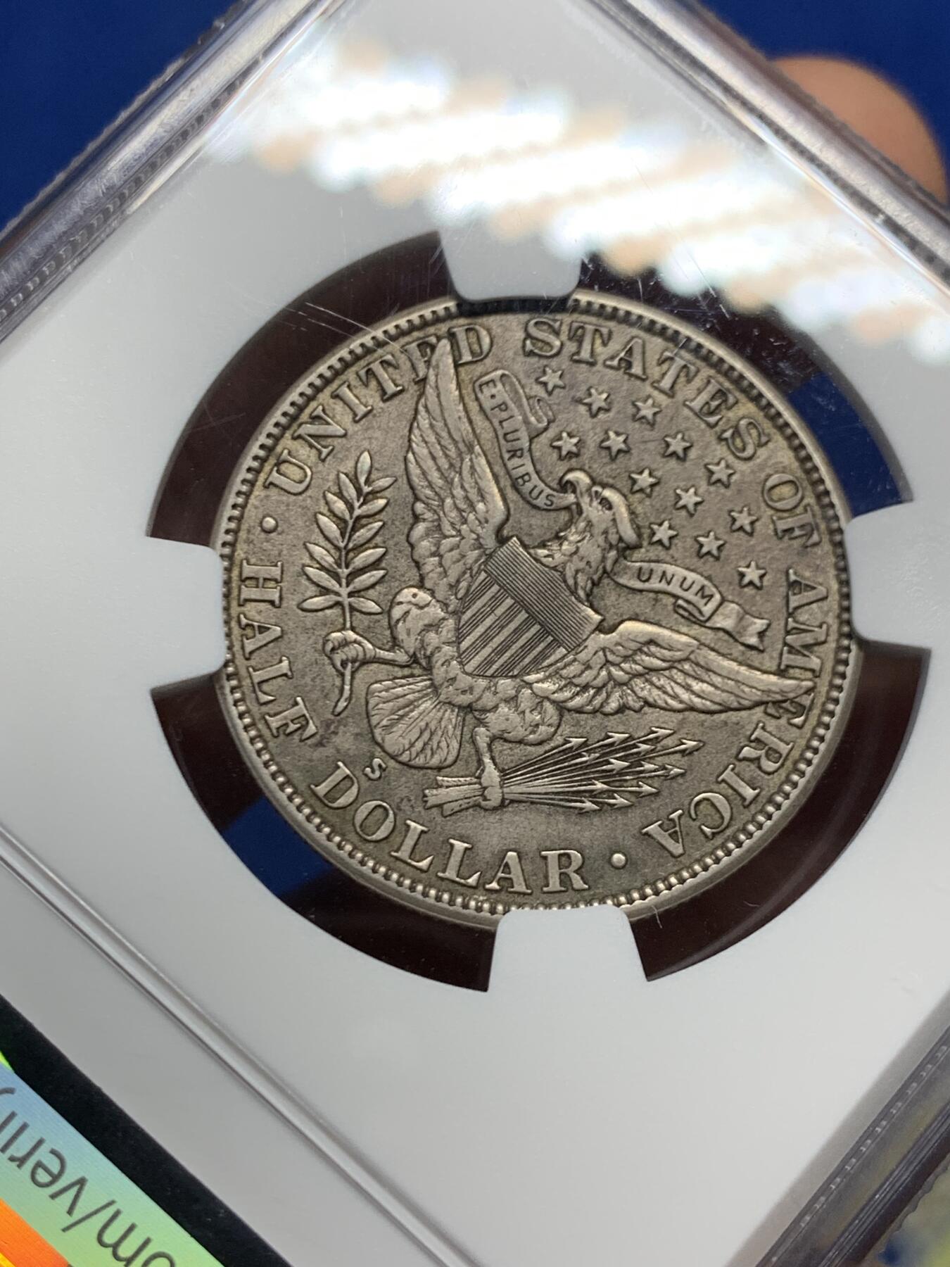 《竞宝斋》第460场 周日，周一，2场连拍 （全场包邮）欢迎送拍 NGC AU50 小特年美国1912-S巴伯五十美分银币，NGC指导价格400美元，合人民币2800元，HA的成交价基本维持在350刀+，国内难得一见的东西