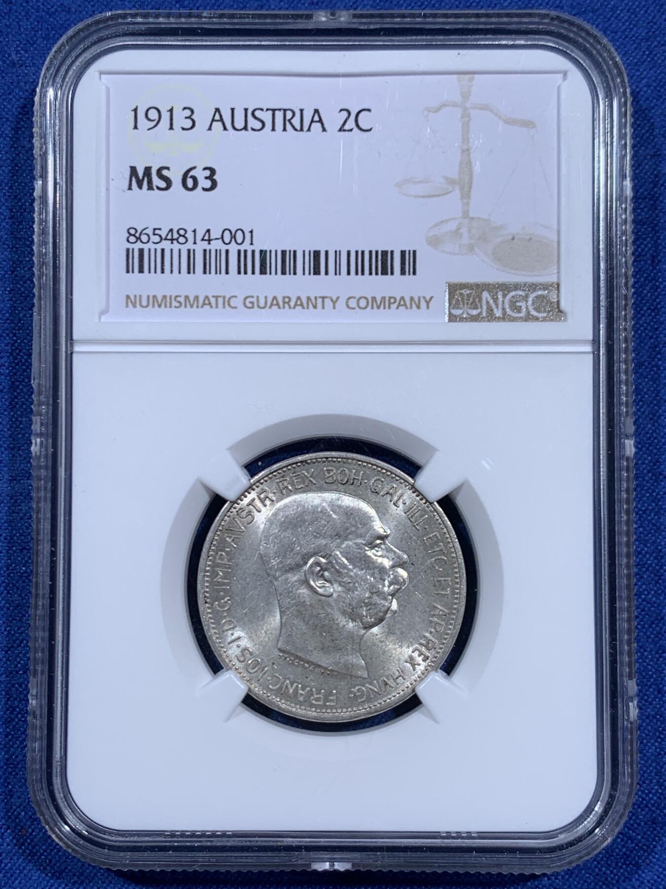 《竞宝斋》第460场 周日，周一，2场连拍 （全场包邮）欢迎送拍 NGC MS63 奥地利 1913年 2克朗 银币 转光强烈