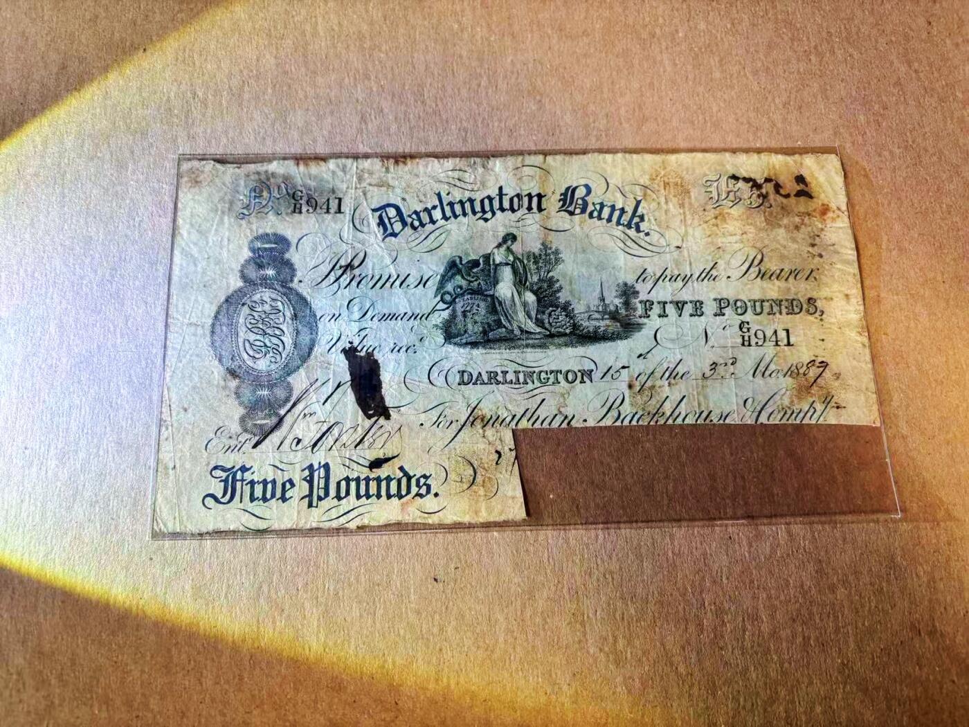 【Blue Auction】世界纸币精拍第777期——18级TOP拍卖/信誉/品质/专业/高效💫 英国达林顿银行1887年5镑 田园风光 有水印 使用剪角 后被巴克莱银行并购 品相如图