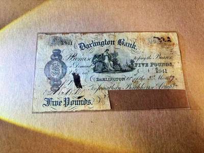 【Blue Auction】世界纸币精拍第777期——18级TOP拍卖/信誉/品质/专业/高效💫 - 英国达林顿银行1887年5镑 田园风光 有水印 使用剪角 后被巴克莱银行并购 品相如图