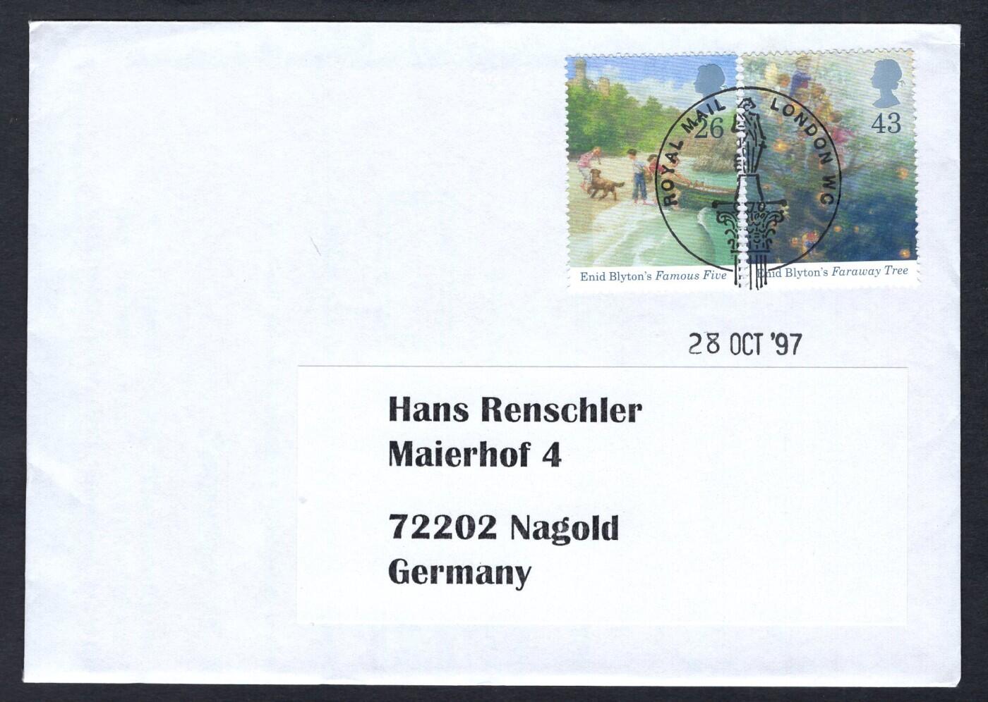 洪涛臻品批发群 精选邮票限时拍卖第1232期  英国1997年寄德国实寄封 艾妮德·布莱顿儿童著作-五人组与遥远的树, 带原始内件