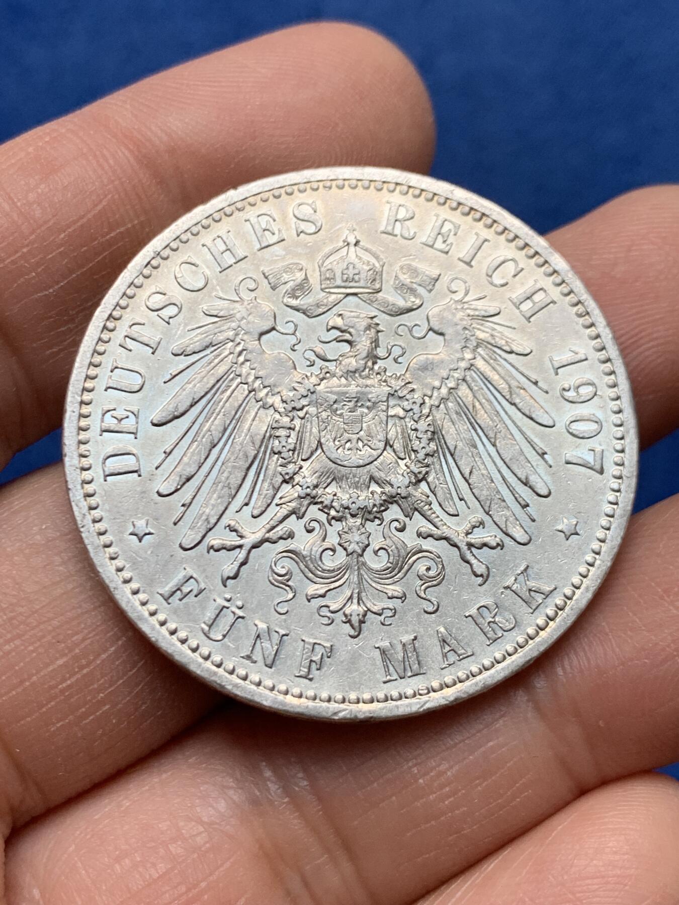 《竞宝斋》第460场 周日，周一，2场连拍 （全场包邮）欢迎送拍 德国普鲁士1907年威廉二世长翅5马克银币